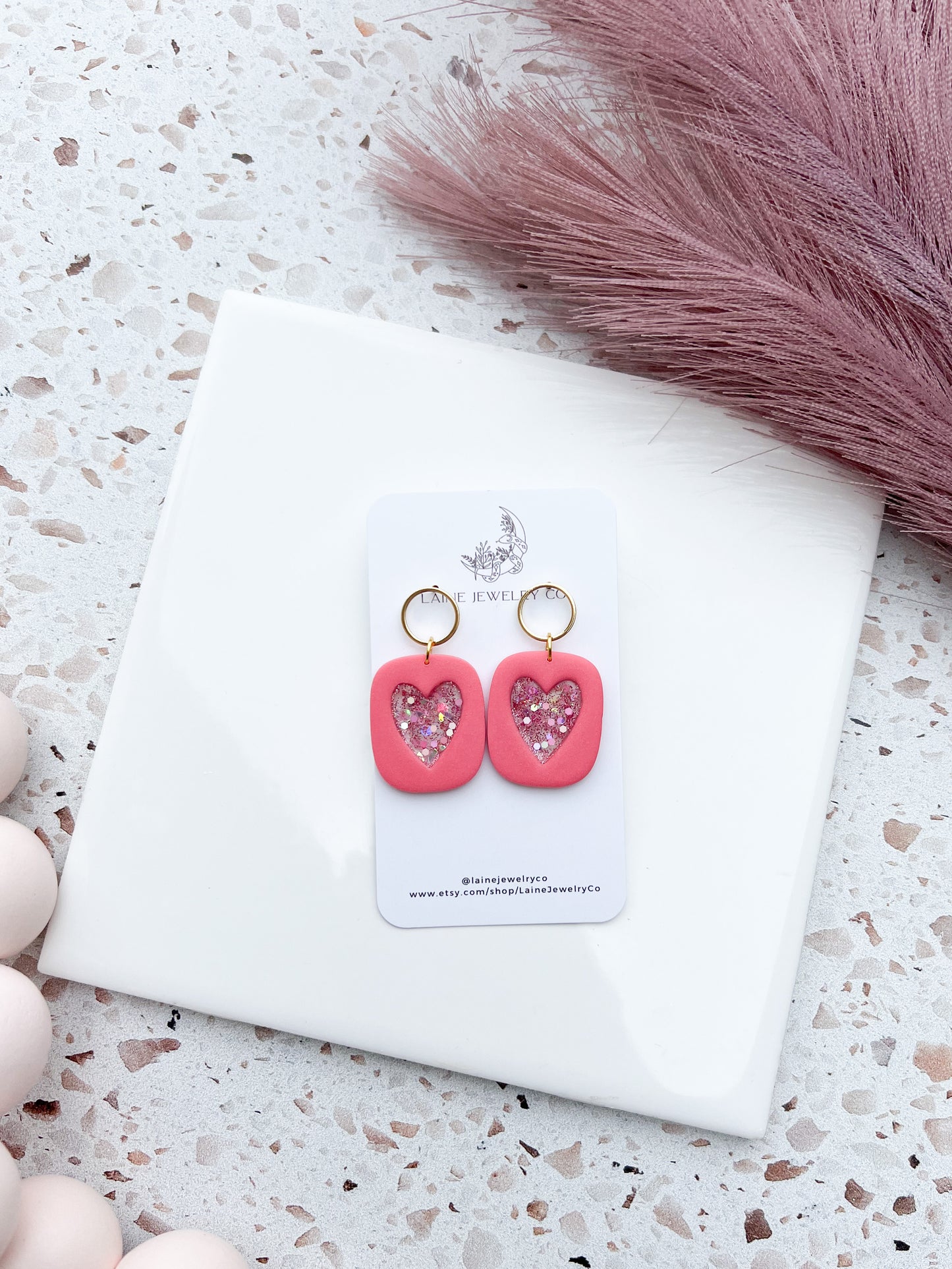 Pink Glitter Heart Cutout Stud