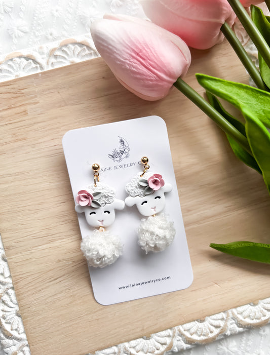 Floral White Wooly Sheep Dangle
