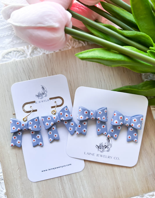 Blue Floral Bow Earrings